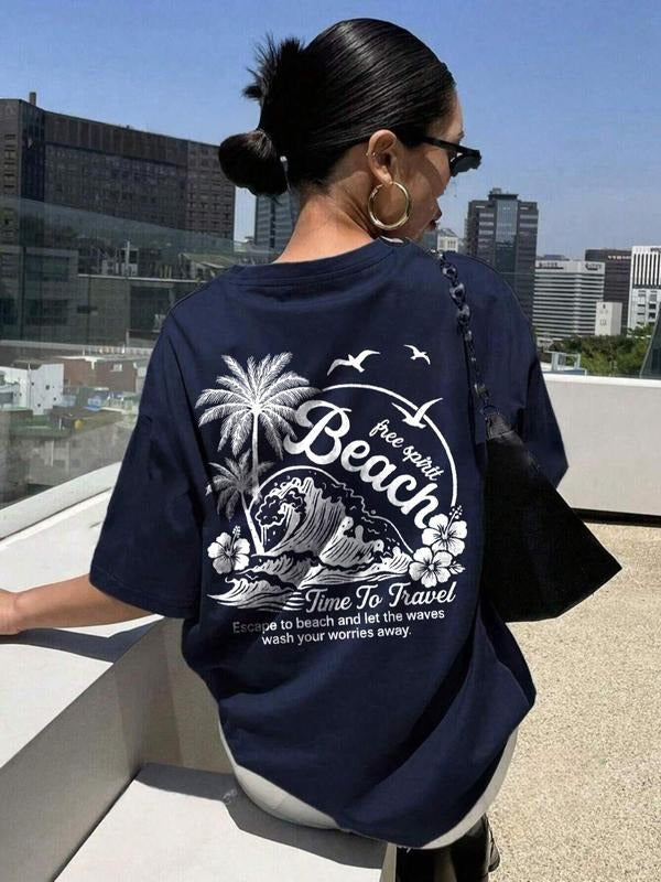 Women's Beach Vacation Round Neck Graphic Tee, Casual Short Sleeve T-shirt for Summer, Ladies Clothes for Daily Wear, Top...