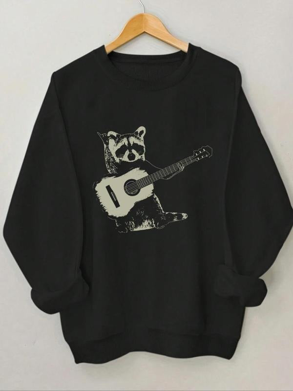 Women's Bear & Guitar Print Round Neck Sweatshirt, Casual Long Sleeve Crew Neck Pullover for Spring & Fall, Fashion...