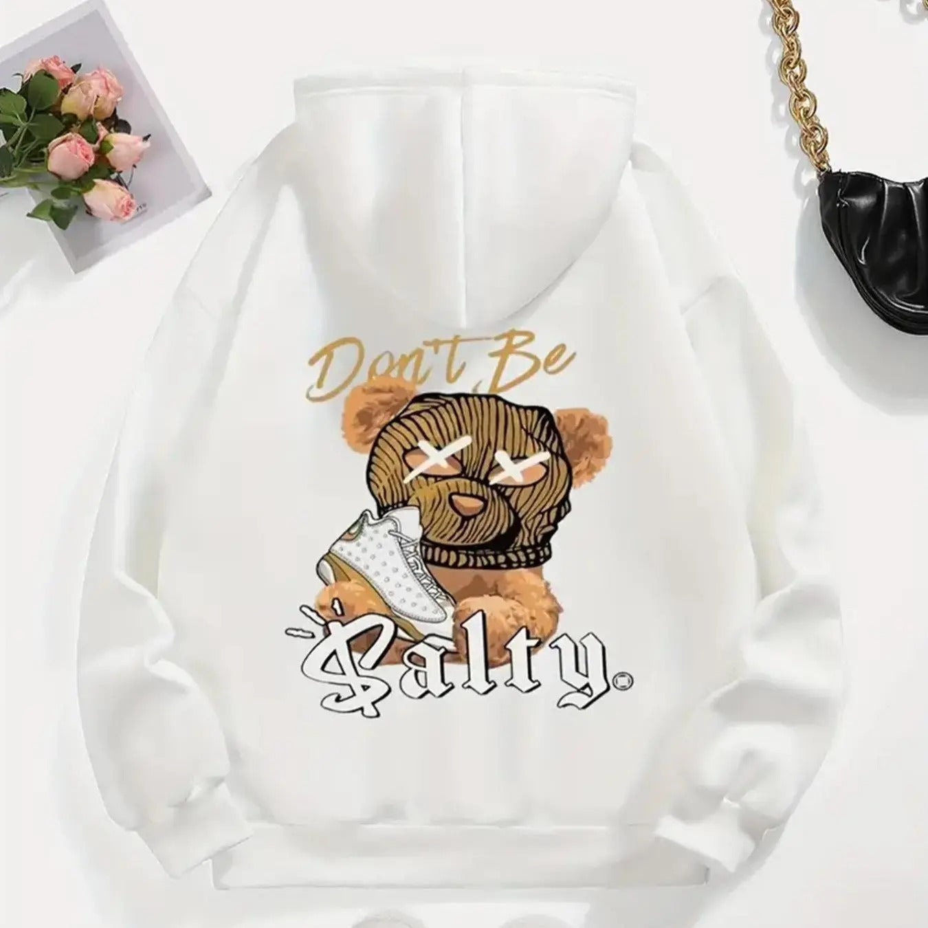 Women's Bear & Letter Print Drop Shoulder Thermal Lined Hoodie, Fashion Casual Drawstring Pocket Hooded Sweatshirt for...