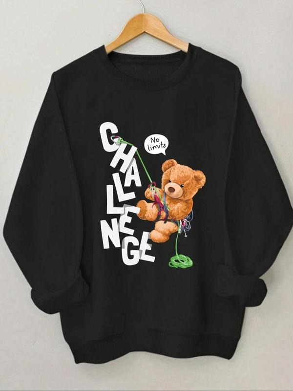 Women's Bear & Letter Print Round Neck Sweatshirt, Casual Long Sleeve Crew Neck Pullover for Spring & Fall, Fashion...