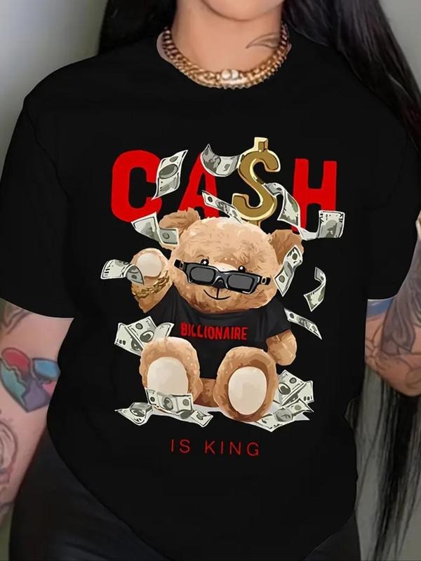 Women's Bear & Letter Print Round Neck Tee, Fashion Crew Neck Short Sleeve T-Shirt, Fashion Casual Women's Clothes for...