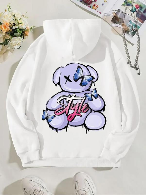 Women's Bear & Letter Print Thermal Lined Hoodie, Fashion Casual Drawstring Pocket Hooded Sweatshirt for Daily Holiday...
