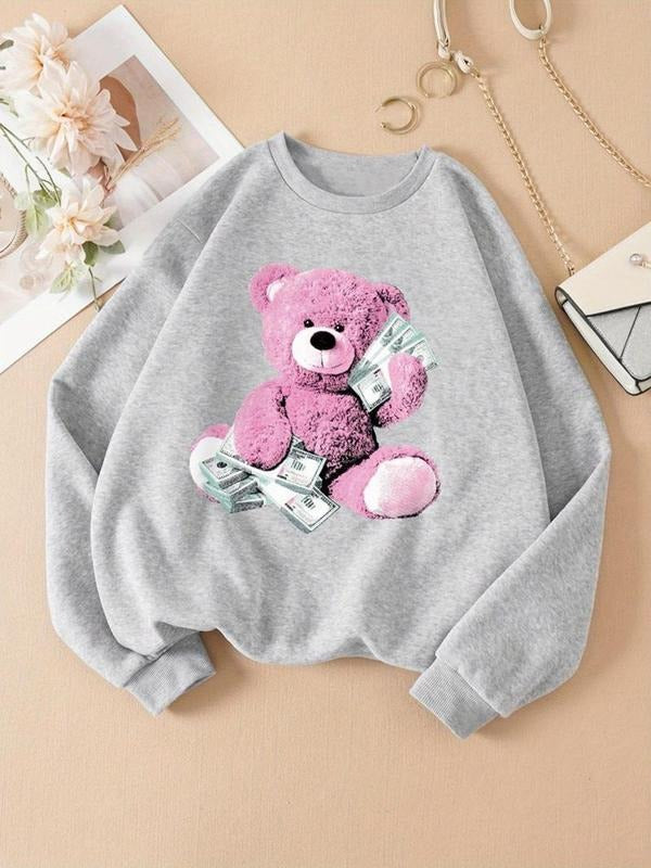 Women's Bear & Money Print Crew Neck Sweatshirt, Casual Long Sleeve Pullover for Fall & Winter, Women's Clothes for Daily...