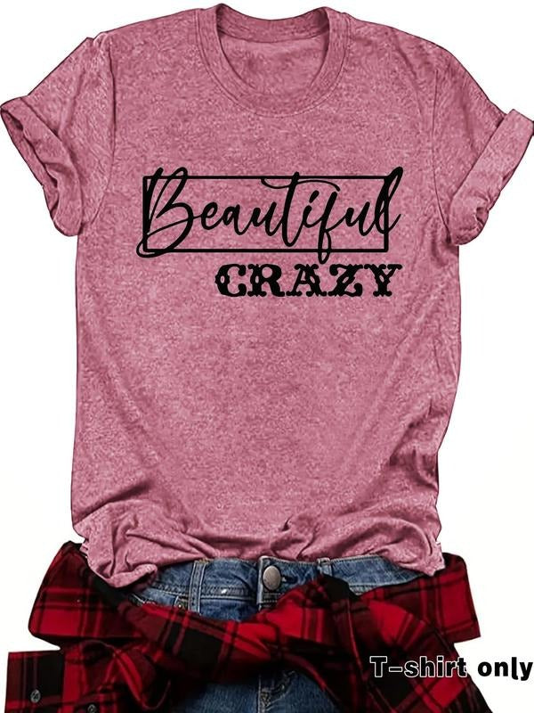 Women's Beautiful Crazy Letter Print Round Neck Tee, Casual Short Sleeve Crew Neck T-shirt for Summer, Fashion Women's...