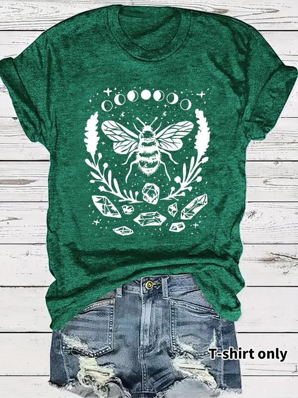 Women's Bee & Floral Print Round Neck Tee, Casual Short Sleeve Crew Neck T-shirt for Summer, Fashion Women's Top for...