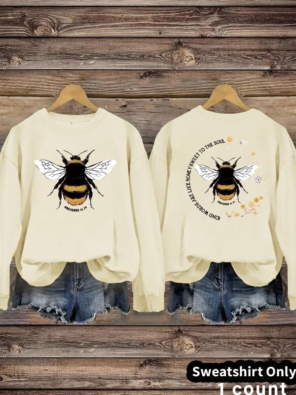 Women's Bee & Letter Print Crew Neck Sweatshirt, Casual Long Sleeve Pullover for Fall & Winter, Women's Clothes for Daily...