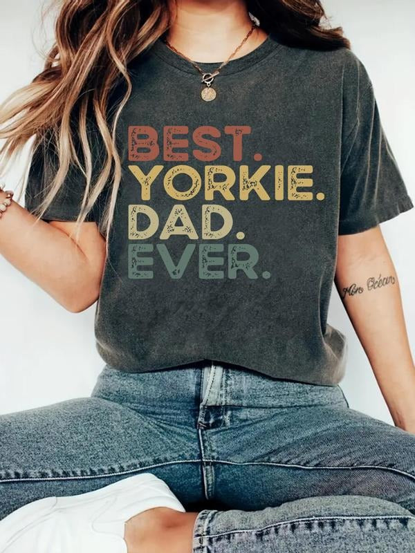 Women's Best Yorkie Dad Ever Print Round Neck Tee, Vintage Trendy Casual Short Sleeve T-shirt for Daily Wear, Ladies...