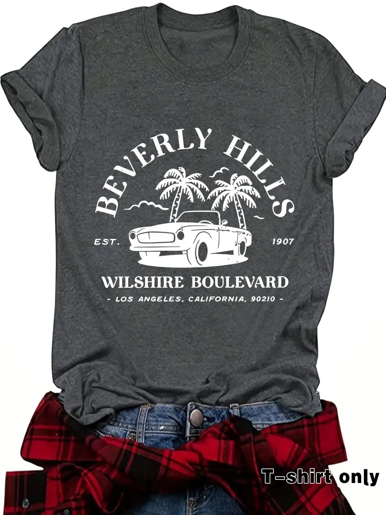 Women's Beverly Hills Landscape Print Round Neck Graphic Tee, Vintage Trendy Casual Short Sleeve T-shirt for Daily Wear,...