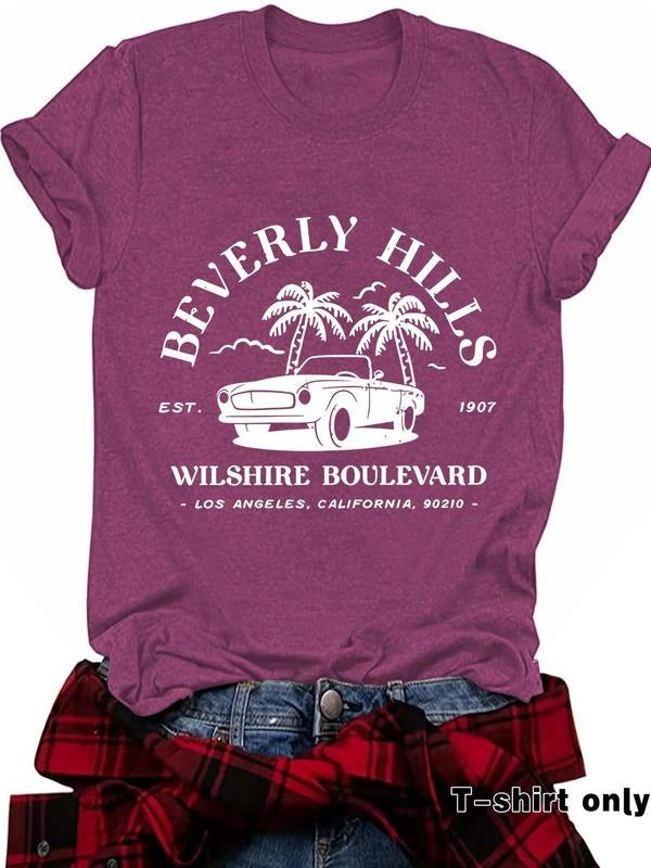 Women's Beverly Hills Landscape Print Round Neck Tee, Casual Short Sleeve Crew Neck T-shirt for Summer, Fashion Women's...