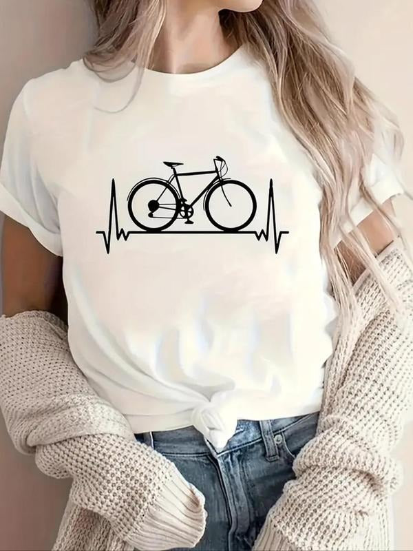 Women's Bike Print Round Neck Tee, Casual Short Sleeve  T-shirt for Summer, Fashion Women's Top for Daily Wear Hoodie,...