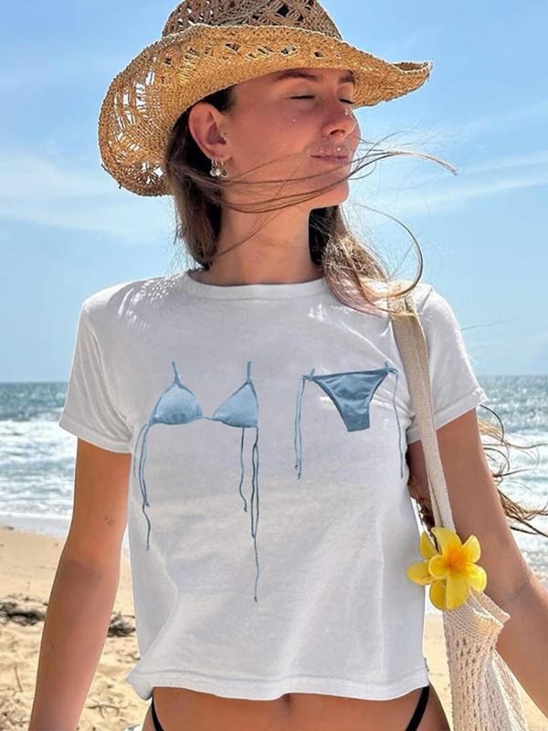Women's Bikini Print Round Neck Tee, Casual Short Sleeve Crew Neck T-shirt for Daily Wear, Ladies Clothes for All Seasons...