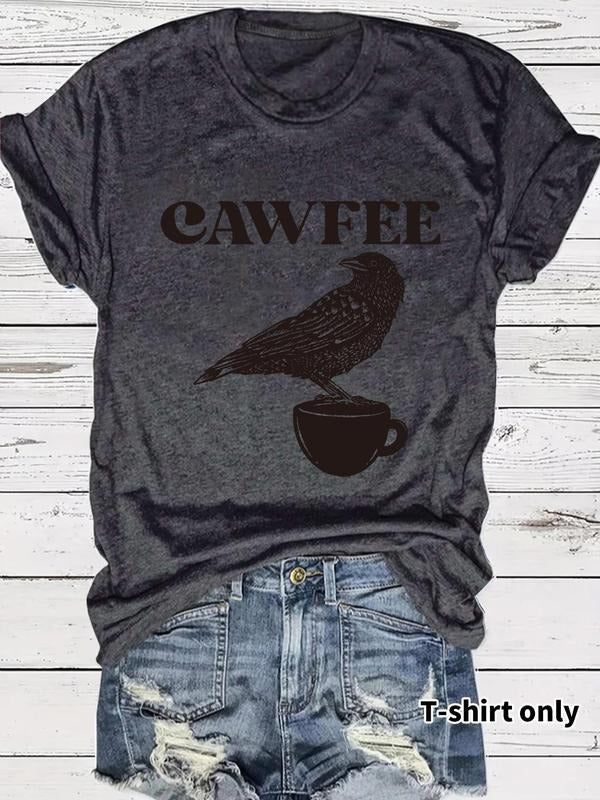 Women's Bird & Coffee Print Round Neck Tee, Casual Fashion Short Sleeve T-shirt for Summer, Ladies Clothes for Daily Wear...