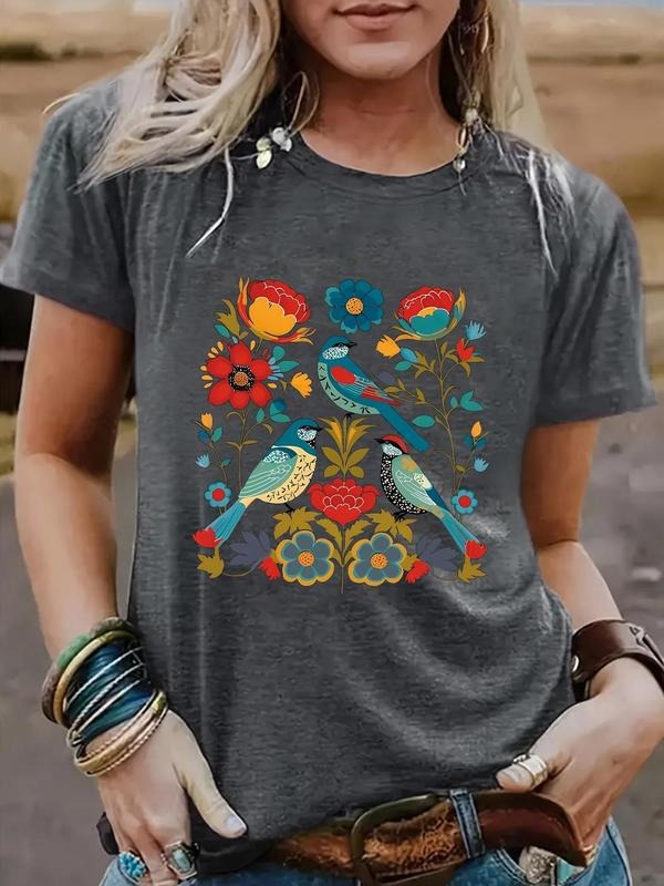 Women's Bird & Floral Print Round Neck Tee, Casual Short Sleeve Crew Neck T-shirt for Summer, Fashion Women's Top for...
