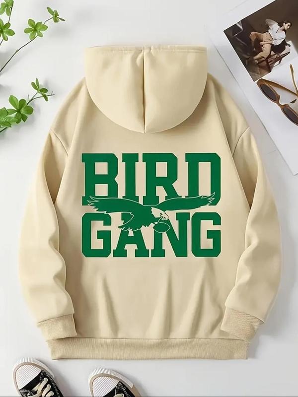 Women's Bird & Letter Print Drawstring Hoodie, Casual Comfy Hooded Sweatshirt for Fall & Winter, Women's Clothes for...