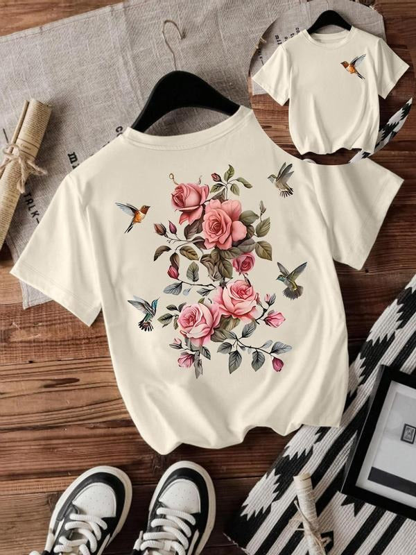 Women's Bird & Rose Print Round Neck Tee, Casual Short Sleeve Crew Neck T-shirt for Summer, Fashion Women's Top for Daily...