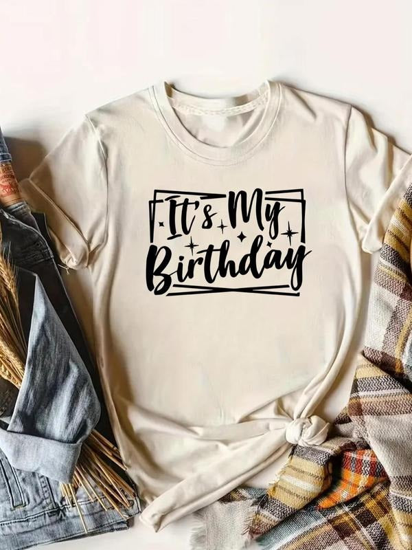 Women's Birthday Letter Print Round Neck Tee, Casual Short Sleeve T-shirt for Daily Wear, Ladies Clothes for All Seasons...