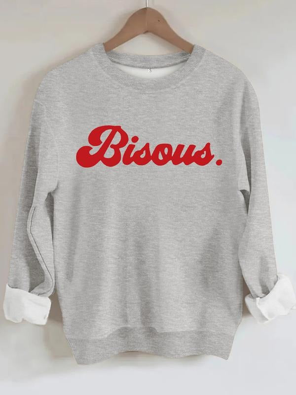 Women's Bisous Letter Print Round Neck Sweatshirt, Casual Fitted Pullover, Medium Stretch, All-Season Comfort T-Shirts,...