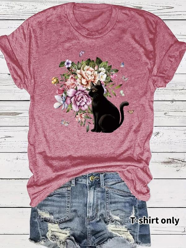 Women's Black Cat & Floral Print Round Neck Tee, Casual Fashion Short Sleeve T-shirt for Summer, Ladies Clothes for Daily...