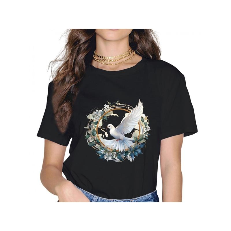 Women's Black Cotton T-Shirt with White Dove and Floral Peace Design