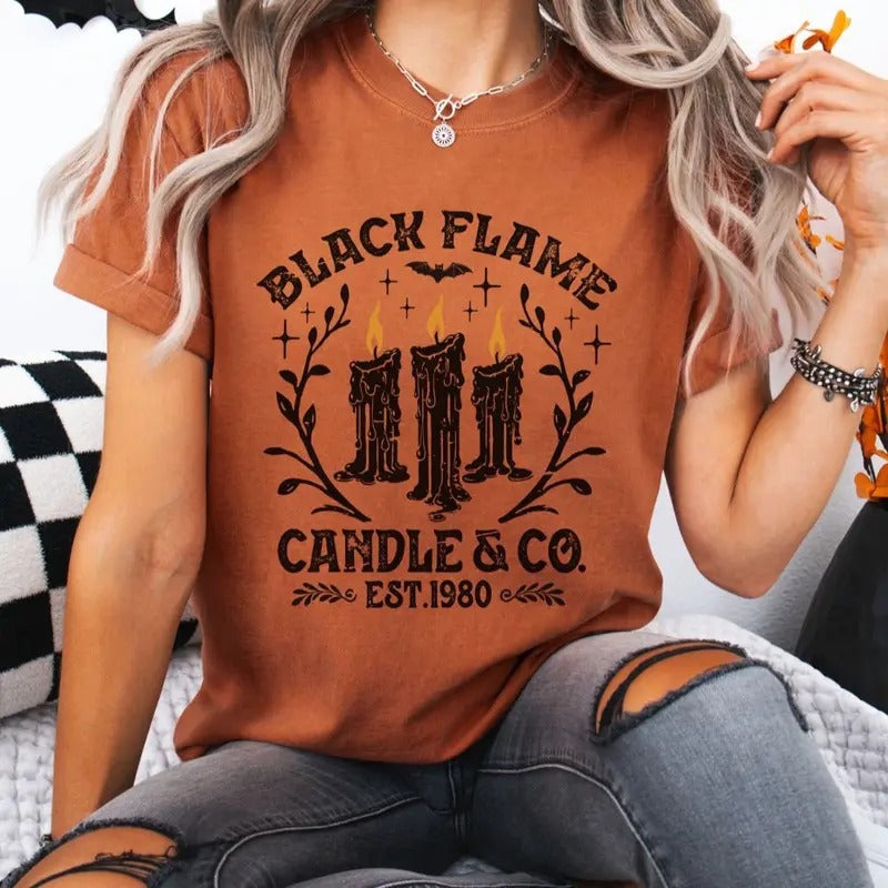 Women's Black Flame Candle Graphic T-Shirt - Short Sleeve Casual Cotton Top