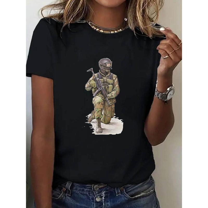 Women's Black Military Soldier Graphic Print Short-Sleeve T-Shirt
