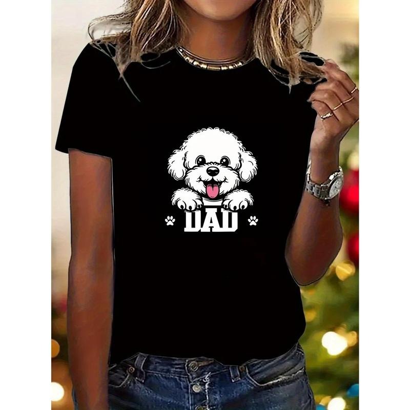 Women's Black Poodle Dad Graphic T-Shirt - Cute Cartoon Dog with Tongue & "DAD" Text, High-Stretch Fabric, Round Neck...