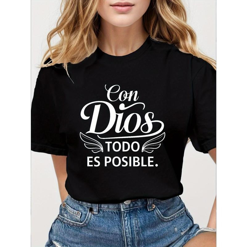 Women's Black T-Shirt with Inspirational "Con Dios Todo Es Posible" Design, Comfort Fit, Short Sleeve, Casual Knit Top,...