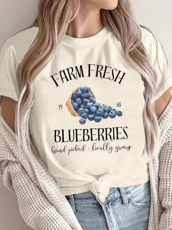 Women's Blueberries Print Round Neck Tee, Casual Short Sleeve Crew Neck T-Shirt for Summer, Fashion Women's Top for Daily...
