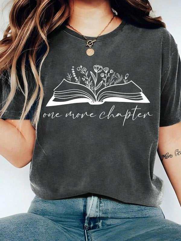 Women's Book & Floral Print Round Neck Tee, Vintage Trendy Casual Short Sleeve T-shirt for Daily Wear, Ladies Summer, Top...