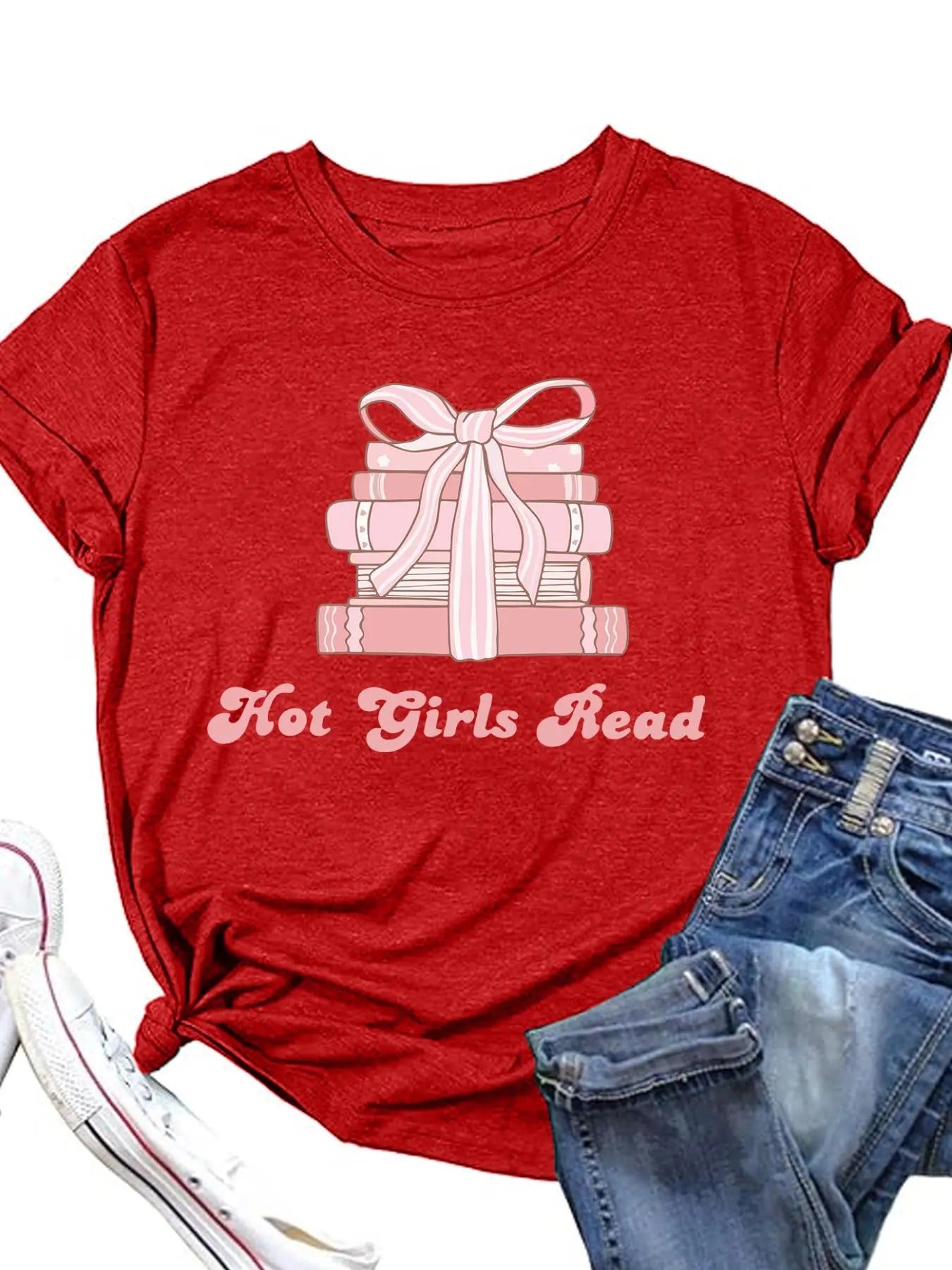 Women's Book & Letter Print Round Neck Tee, Fashion Casual Short Sleeve T-shirt for Daily Wear, Ladies Summer Clothes...