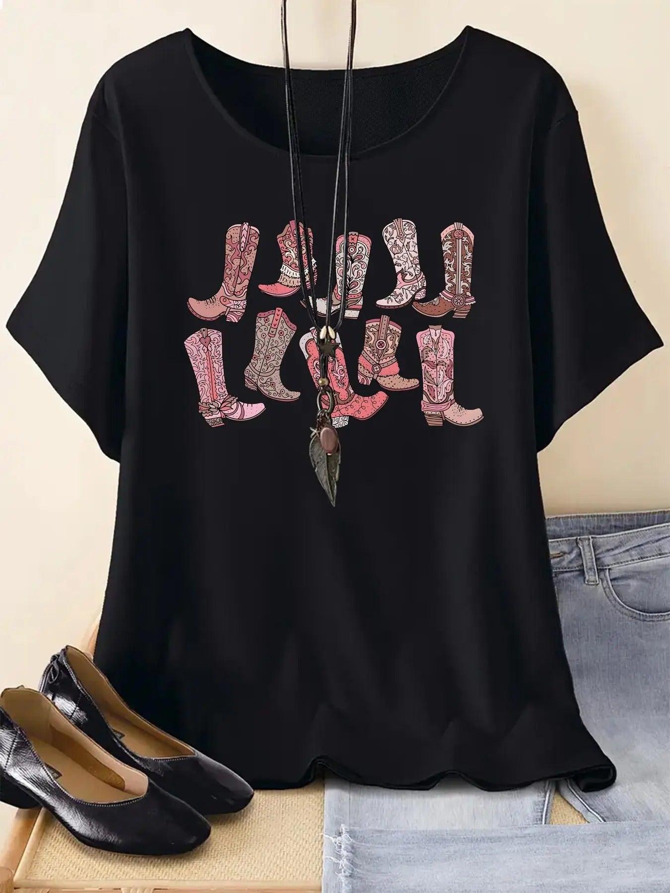 Women's Boot Print Round Neck Graphic Tee, Vintage Trendy Casual Short Sleeve T-shirt for Daily Wear, Ladies Summer...