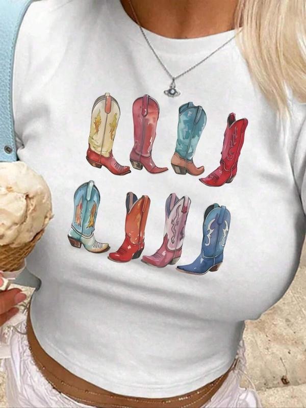 Women's Boots Print Round Neck Crop Tee, Fashion Casual Short Sleeve T-shirt for Daily Holiday Vacation Outdoor Wear,...