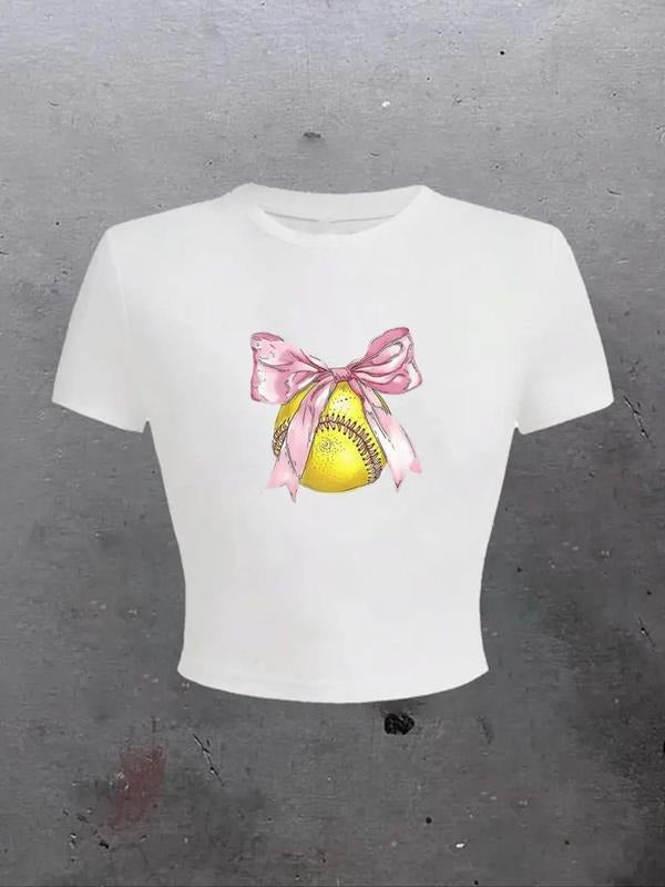 Women's Bow & Baseball Print Round Neck Tee, Casual Soft Comfortable Short Sleeve T-shirt for Summer, Ladies Clothes for...