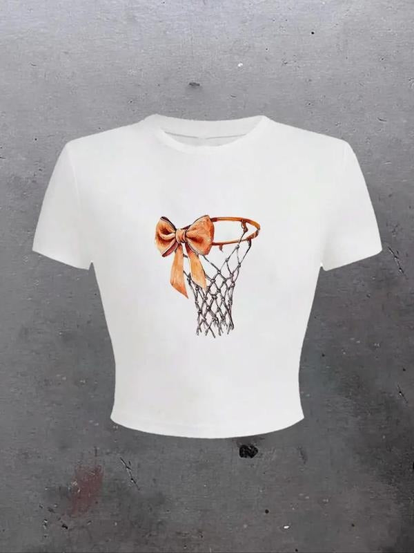 Women's Bow & Basketball Print Round Neck Tee, Casual Basketball Graphic Short Sleeve T-Shirt for Summer, Ladies Clothes...