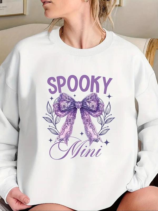 Women's Bow & Letter Print Crew Neck Sweatshirt, Casual Long Sleeve Pullover for Daily Wear, Ladies Clothes for Fall and...