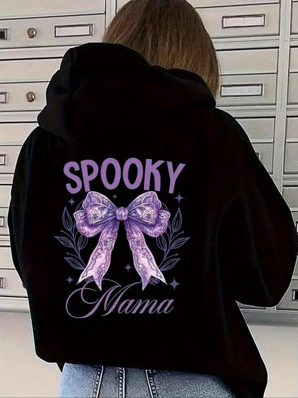 Women's Bow & Letter Print Hoodie, Casual Hooded Sweatshirt for Fall & Winter, Comfortable Women's Clothes for Daily Wear...