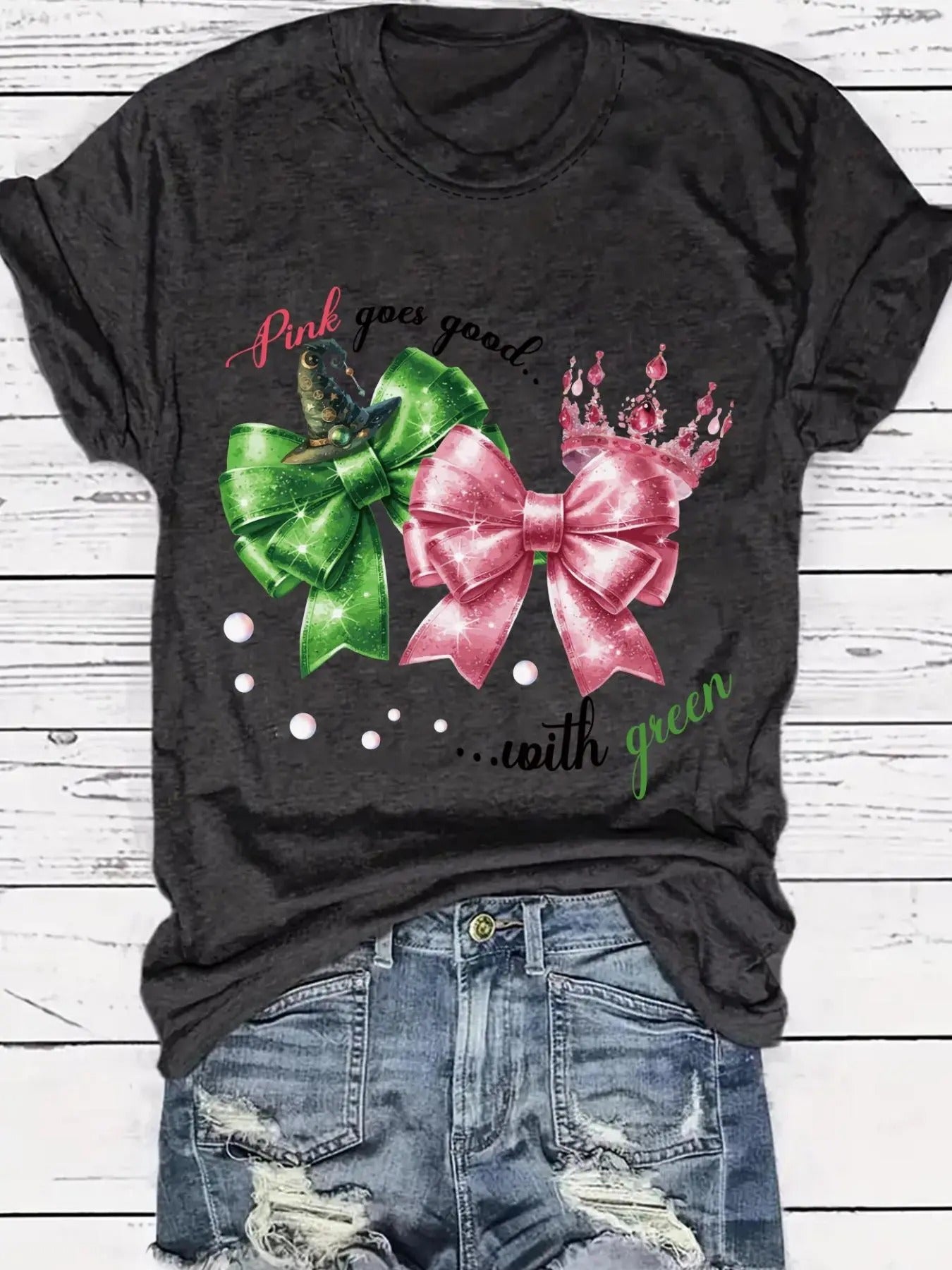 Women's Bow & Letter Print Round Neck Tee, Casual Short Sleeve Crew Neck T-shirt for Daily Wear, Ladies Clothes for All...