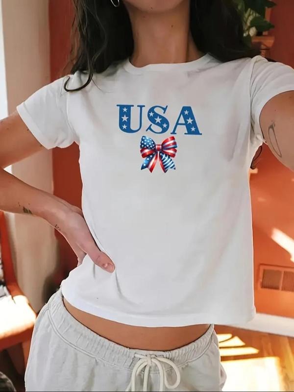Women's Bow & Letter Print Round Neck Tee, Casual Short Sleeve Crew Neck T-shirt for Summer, Fashion Women's Top for...