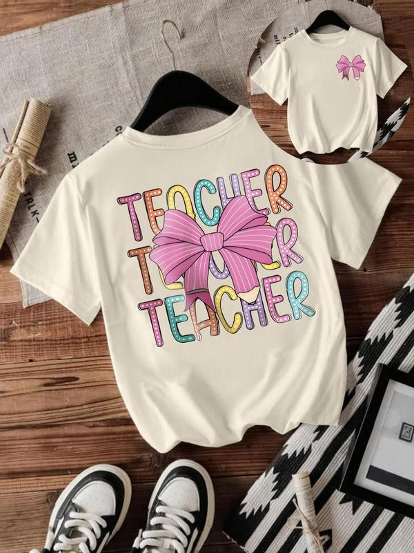 Women's Bow & Letter Print Round Neck Tee, Fashion Casual Crew Neck T-shirt for Daily Holiday Vacation Outdoor Wear,...