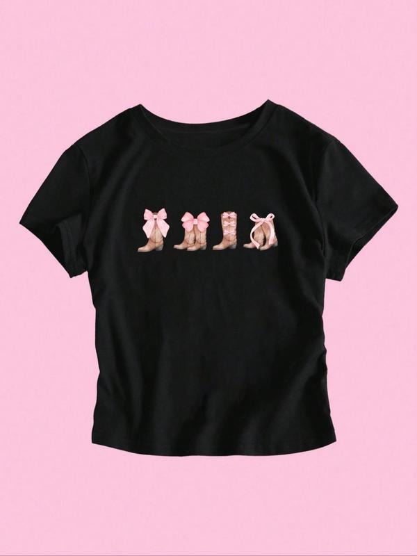 Women's Bow & Shoes Print Round Neck Graphic Crop Tee, Fashion Casual Short Sleeve T-shirt for Daily Wear, Ladies Summer...