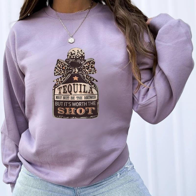 Women's Bow & Tequila Print Drop Shoulder Shirt Sweatshirt Hoodie | UrbanDripWear.com