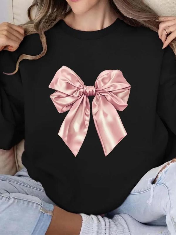 Women's Bow Print Drop Shoulder Sweatshirt, Casual Long Sleeve Crew Neck Pullover for Fall & Winter, Women's Clothes for...