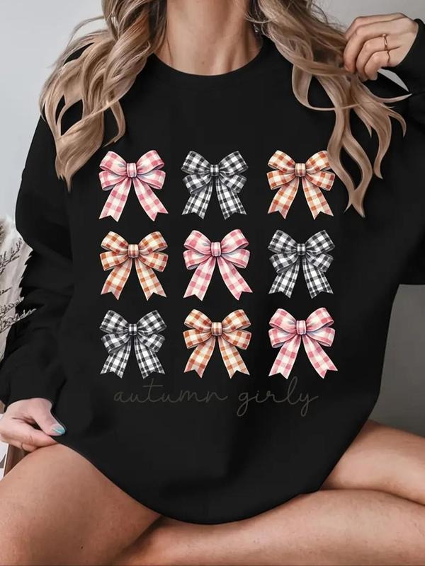 Women's Bow Print Drop Shoulder Sweatshirt, Casual Long Sleeve Crew Neck Sweatshirt for Fall & Winter, Women's Clothes...