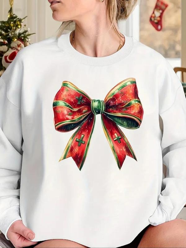 Women's Bow Print Drop Shoulder Sweatshirt, Casual Long Sleeve Thermal Lined Round Neck Pullover for Daily Wear, Ladies...