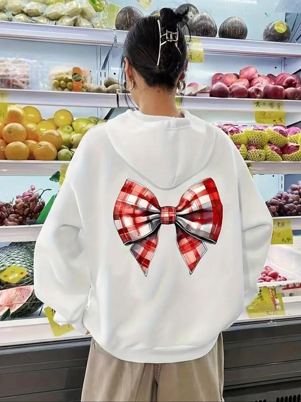 Women's Bow Print Hoodie, 1 Count Casual Geometric Print Drawstring Pocket Hooded Sweatshirt for Fall & Winter, Women's...