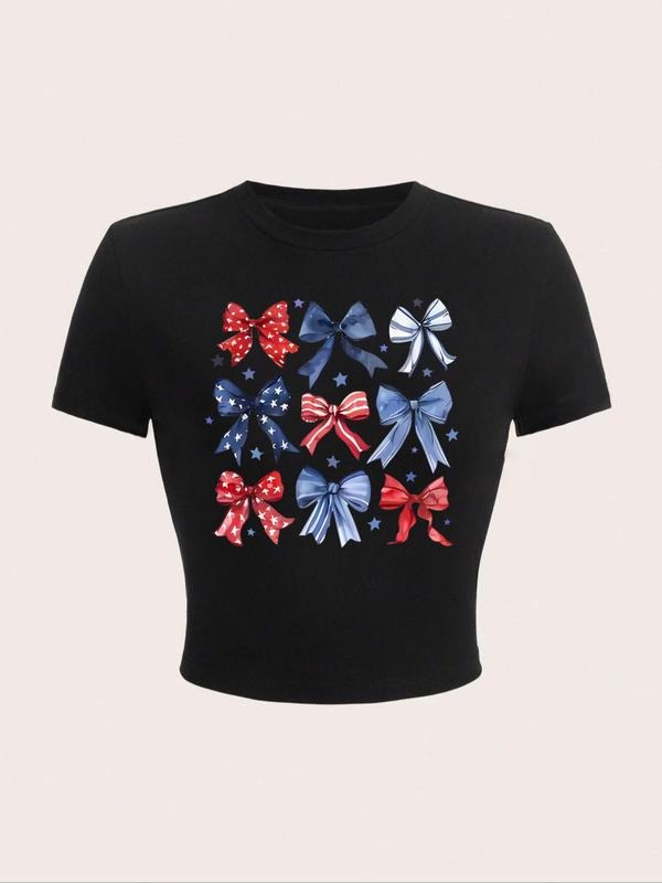 Women's Bow Print Round Neck Crop Tee, Fashion Casual Crew Neck Short Sleeve T-Shirt for Daily Holiday Vacation Outdoor...