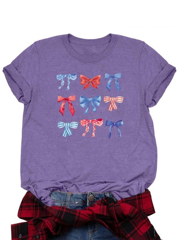 Women's Bow Print Round Neck Graphic Tee, Casual Short Sleeve T-shirt for Daily Wear, Ladies Clothes for All Seasons, Top...