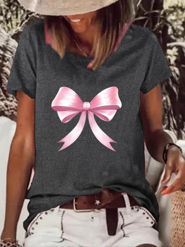 Women's Bow Print Round Neck Graphic Tee, Vintage Trendy Casual Short Sleeve T-shirt for Daily Wear, Ladies Summer Outfit...