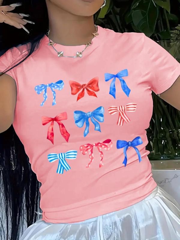 Women's Bow Print Round Neck Tee, Casual Short Sleeve Crew Neck T-Shirt for Summer, Fashion Women's Top for Daily Wear...