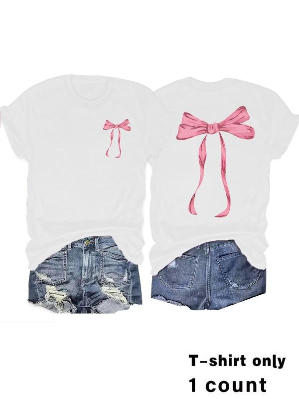 Women's Bow Print Round Neck Tee, Casual Short Sleeve T-shirt for Summer, Ladies Clothes for Daily Wear, Top Hoodie,...